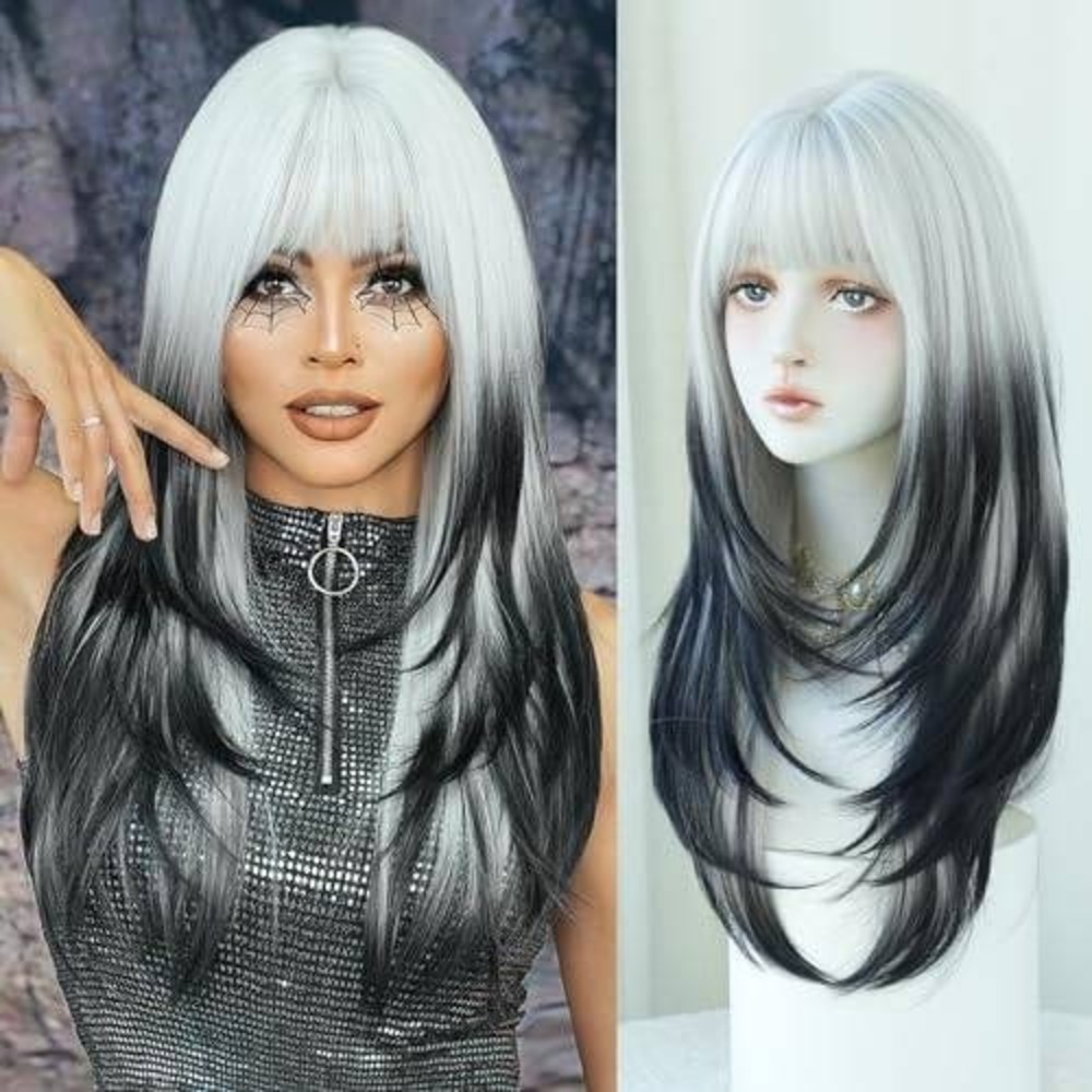 Long Ombre White to Black Layered Wig with Bangs Silver Grey Gothic Cosplay Hair